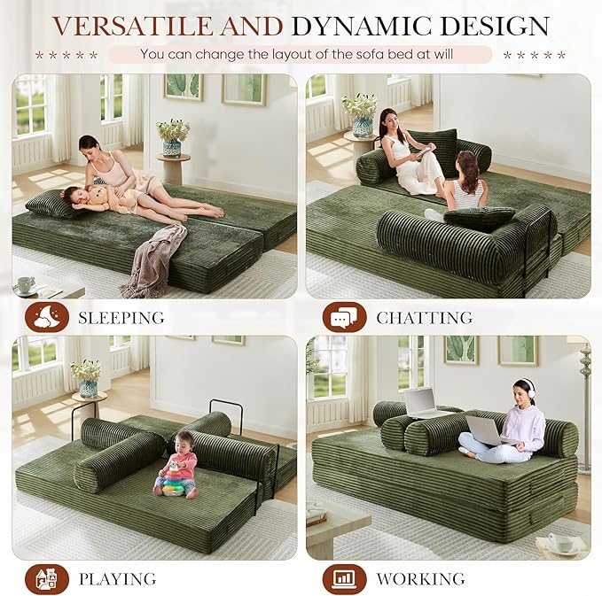 Modular Couch Bed, Convertible Folding Plush Corduroy Comfy Floor Memory Foam Compression Loveseat Sleeper Sofa Couch, King Size Bed for Guest Room Living Room Bedroom, No Assembly Required, Green