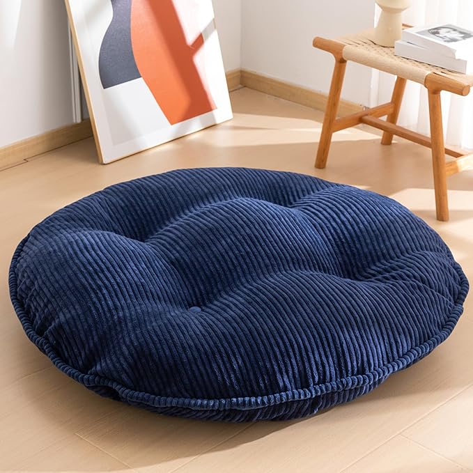 35" Washable Floor Pillow Cushion for Adults, Meditation Cushion Pillow, Extra Large Round Floor Sitting, Removable Tufted Corduroy Cover, for Tatami Living Room or Yoga, Navy, Machine Washable