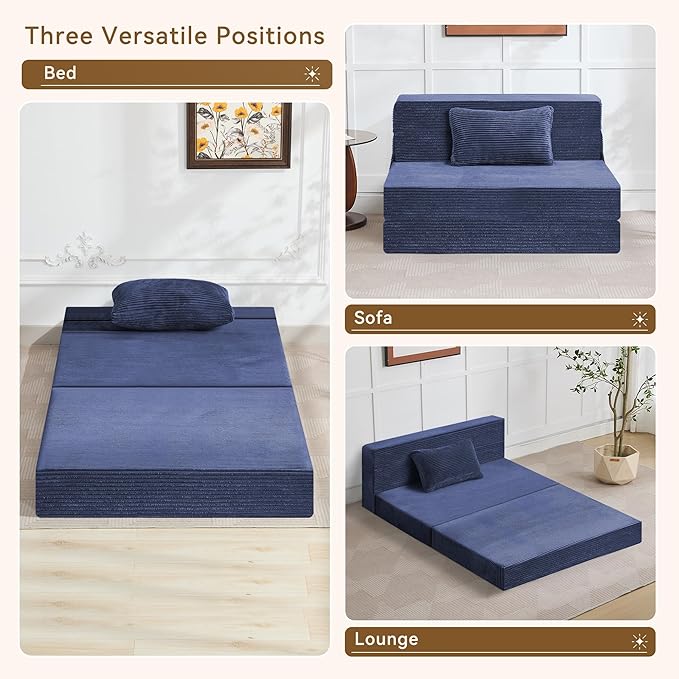 Folding Sofa Bed Convertible Floor Couch Foldable Chair Bed with Pillow，Linen Sleeper Chair Futon,Foldable Memory Foam Mattress for Bedroom/Living Room/Dorm/Office (Corduroy Navy, Standard)