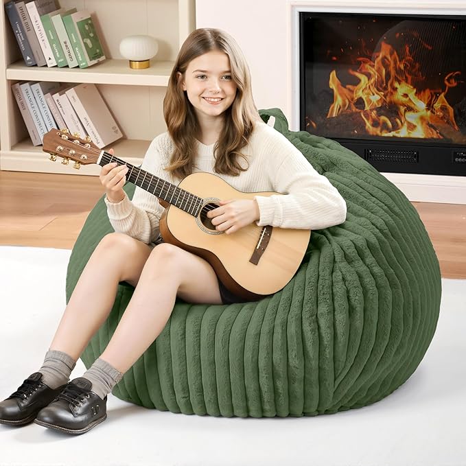 Homguava 2FT Bean Bag Chair, 2' Small Bean Bags with Memory Foam Filled, Beanbag Chairs with Machine Washable Cover Dutch Corded Plush Cover for Classroom,Living Room,Bedroom-Green