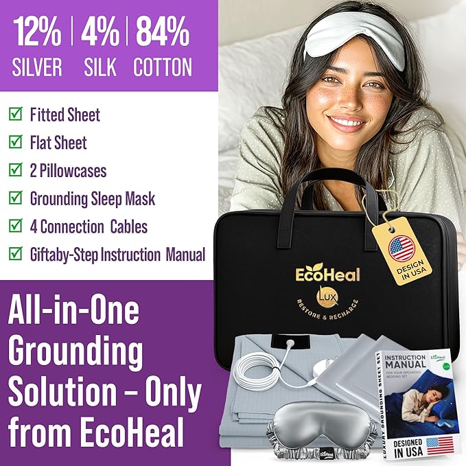 ECOHEAL Grounding Sheet Set - King Size, Cloud Gray Fitted & Flat Sheets with Pillowcases - 12% Silver Fiber, 4% Silk, 84% Cotton - SGS Quality Certified Conductive Bed Grounding Kit for Better Sleep