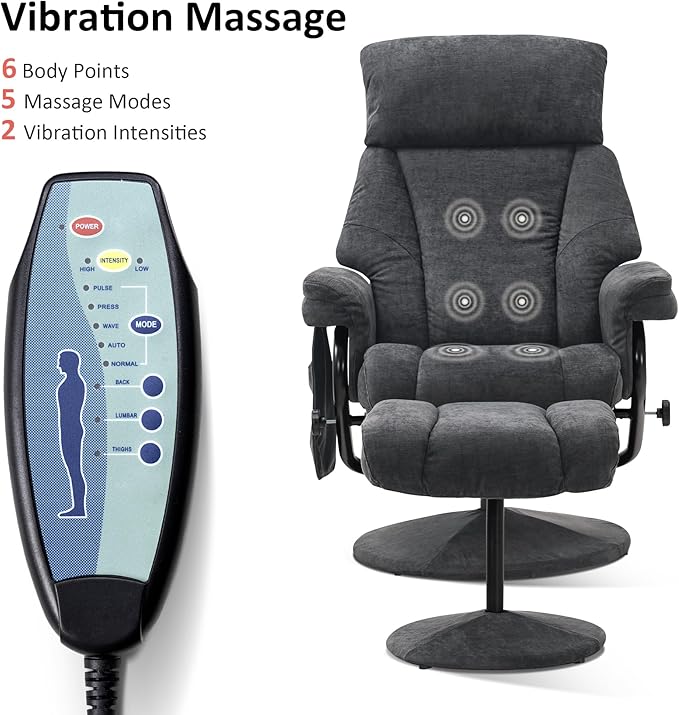 MCombo Swivel Recliner with Ottoman, TV Chair with Vibration Massage, Ideal for RV Small Space, Living Room & Bedroom 4539 4828 (Textile, Dark Grey)