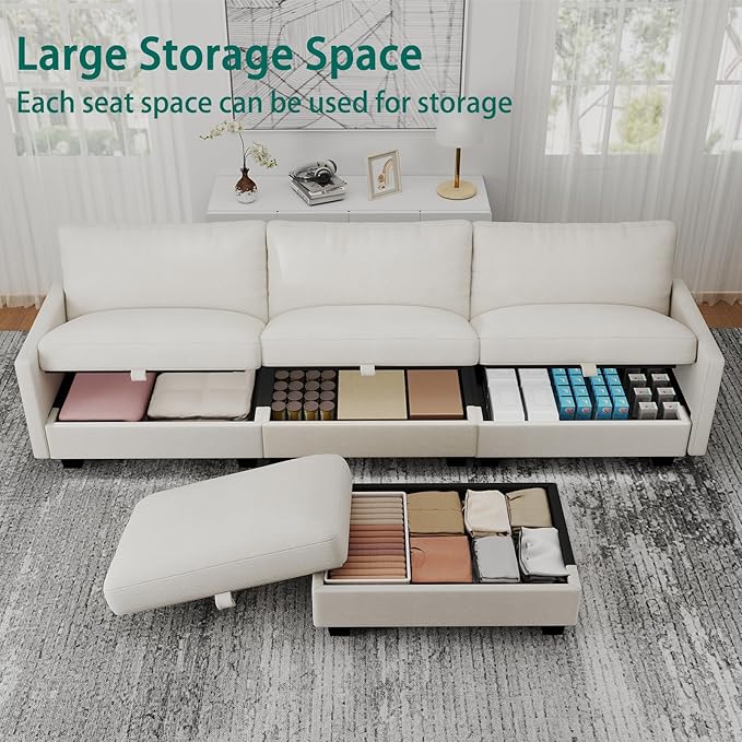 Modular Sectional L Shaped Sofa Couches for Living Room, Cloud Couch with Storage Ottoman, Comfy Chenille Sofa with Pillow, Beige