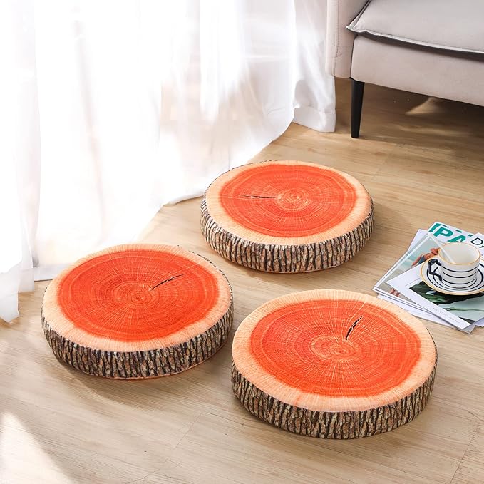 Unittype 6 Pcs Round Throw Pillow Wood Slice Chair Pillow Decorative Sofa Tree Stump Floor Cushion Natural Wood Cushion 3D Digital Printing Forest Decor for Bedroom Living Room(Stylish)