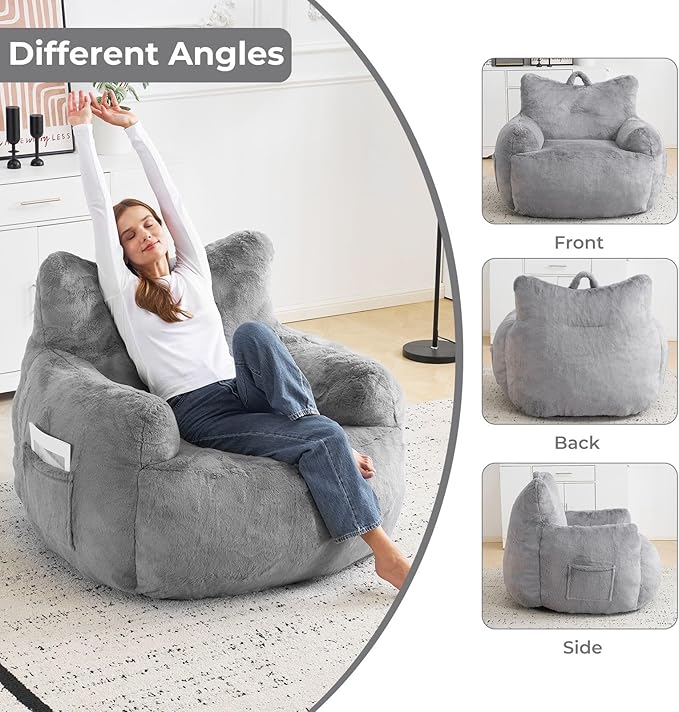 Giant Bean Bag Chair for Adults, Oversized Bean Bag with Filling Plush Fluffy,BeanBag Lazy Sofa Couch with Armrest for Living Room, Cat Shaped Beanbag Couch with Sidepocket for Bedroom,Grey