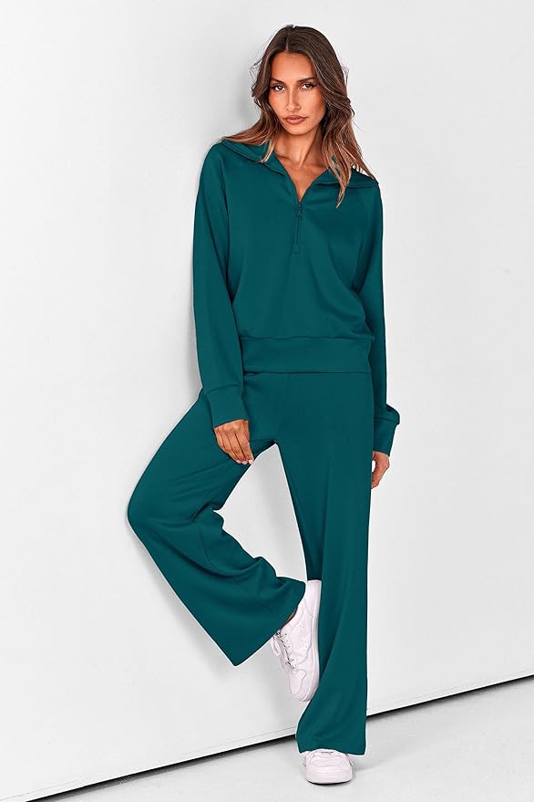 PRETTYGARDEN Women's 2 Piece Outfits Casual Lapel Half Zip Sweatshirts and Wide Leg Pants Tracksuit Sets