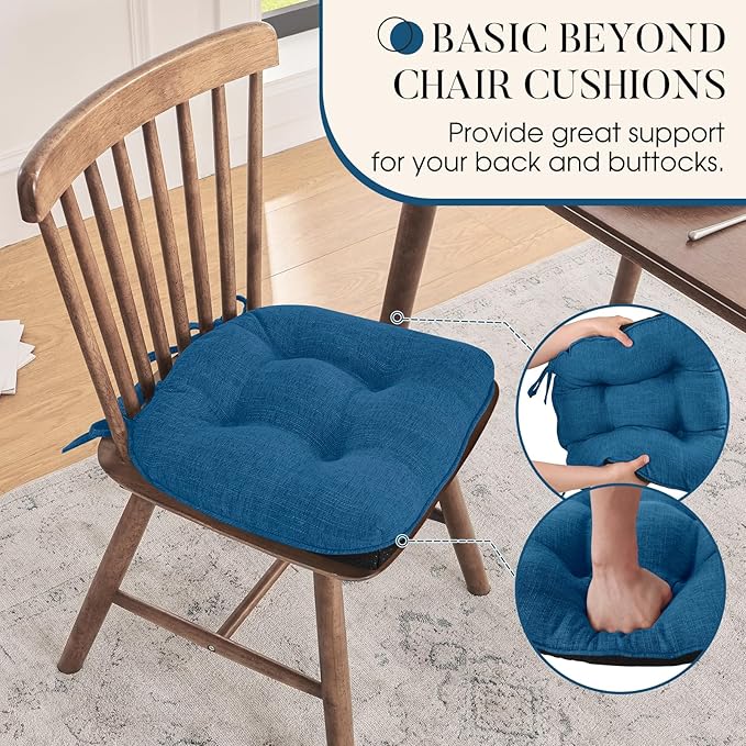 Basic Beyond Chair Cushions for Dining Chairs 4 Pack, Chair Cushion with Ties and Non Slip Backing, 15.5 x 15.5 inches Tufted Chair Pads for Dining Chairs(Turquoise)