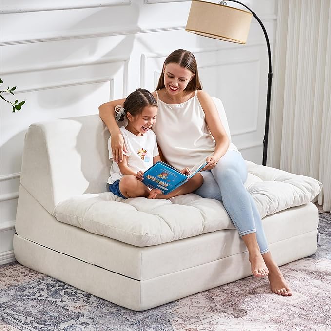 Hobestluk Sofa Couch Folding Sofa Bed Sleeper Comfy Floor Lounger Loveseat Sofa with Removable Cushion Couches Foldable Mattress for Living Room Bedroom or Office (Chenille Beige, Oversize)