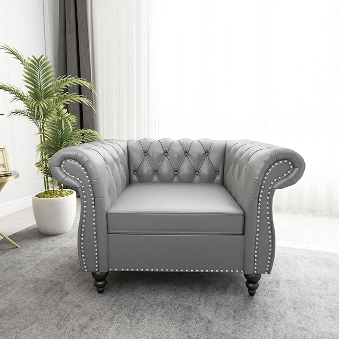 QHITTY Accent Chair, Chesterfield Chair Modern Leather Upholstered Chairs with Tufted Back for Living Room Furniture (Grey)