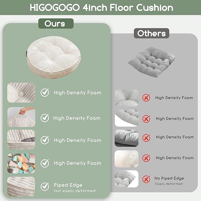 Washable Floor Pillow Cushion for Adults, Meditation Cushion Pillow, Large Round Floor Sitting, Removable Tufted Corduroy Cover, for Tatami Living Room or Yoga, 22x22 Inch, 2Pack, Machine Washable