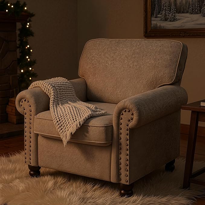 Nailhead Armchair, Rolled Arms Accent Chair for Living Room, Single Sofa Chair with Springs Seat Cushion & Wooden Legs, Mid-Century Armchair for Apartment, Office, Farmhouse, Light Brown
