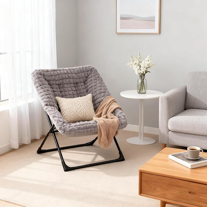 HollyHOME X-Large Saucer Chair, Comfy Oversized Folding Chair, Faux-Fur Reading Chair for Teens, Adults, Foldable Accent Lazy Chair, Metal Lounge Chair for Living Room, Bedroom, Dorm, Grid Blue&Grey
