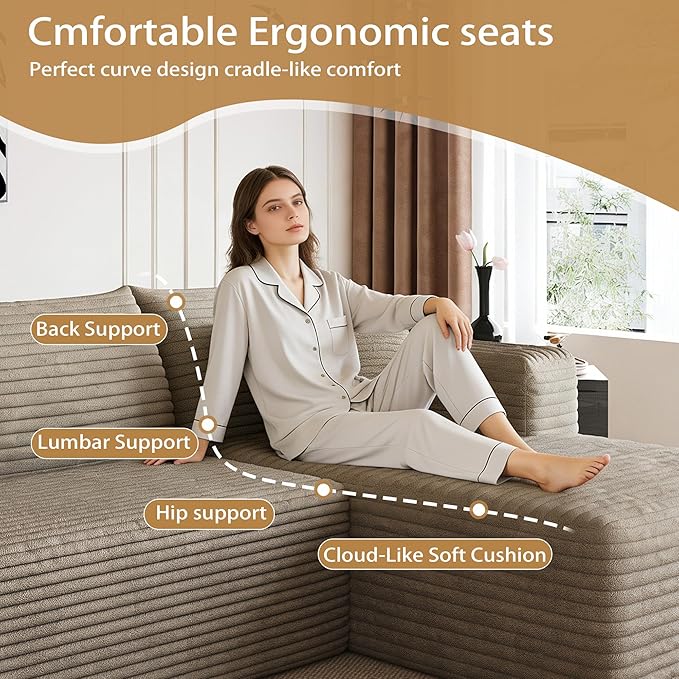 AUGOP 96" Sectional Couches for Living Room Modern Modular Sofa with L-Shape Couchs Upholstered Boneless Couch Deep Seat Sectional Couch with Chaise (Camel, 96" Right Facing Chaise+2Seaters)