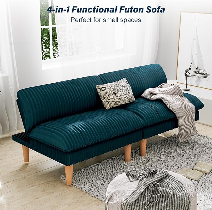2 Sets 69" Futon Sofa Bed, 4 in 1 Multi-Function Couch Sleeper with Adjustable Backrest, Modern Convertible Futon, Recliner Small Loveseat for Living Room, Plush Blue