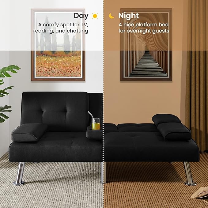 Yaheetech Convertible Sofa Bed Adjustable Fabric Couch Sleeper Modern Recliner Reversible Loveseat Folding Daybed Guest Bed, Removable Armrests, Cup Holders, 3 Angles, 772lb Capacity, Black