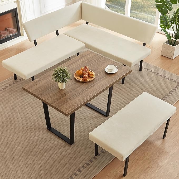 3-Piece Corner Dining Table Set with Bench, 67 Inch Space-Saving Breakfast Nook for Kitchen & Dining Room (Walnut Table & Beige Bench)