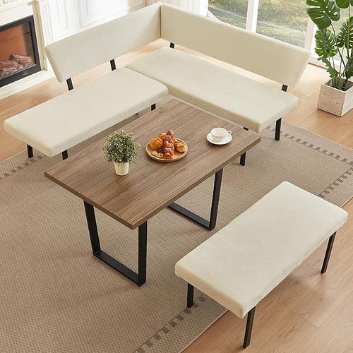 3-Piece Corner Dining Table Set with Bench, 67 Inch Space-Saving Breakfast Nook for Kitchen & Dining Room (Walnut Table & Beige Bench)