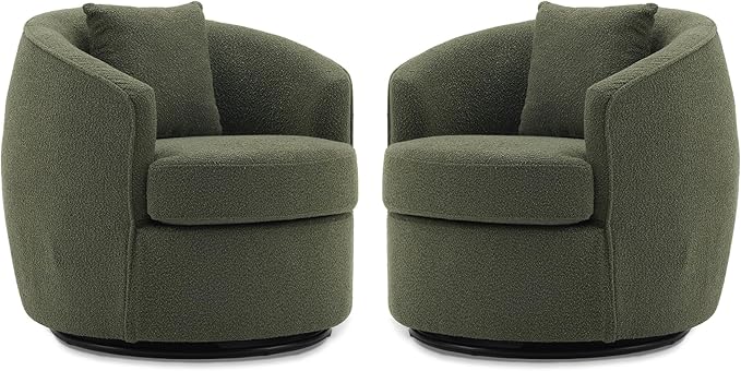 FaFaSoGoodFa Swivel Accent Chair Set of 2, Modern Upholstered Boucle Barrel Arm Chairs with Pillow for Living Room, 360 Degree Round Swivel Sherpa Armchair with Round Base for Bedroom Club (2, Green)