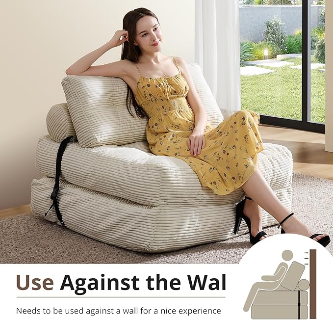 Convertible Sofa & Couch Bed - Oversized Adult Sleeper Chair & Bean Bag Chair, Foldable Floor Bed with Backrest, Comfortable Lazy Sofa for Bedroom, Living Room & Dorm (White, Single)