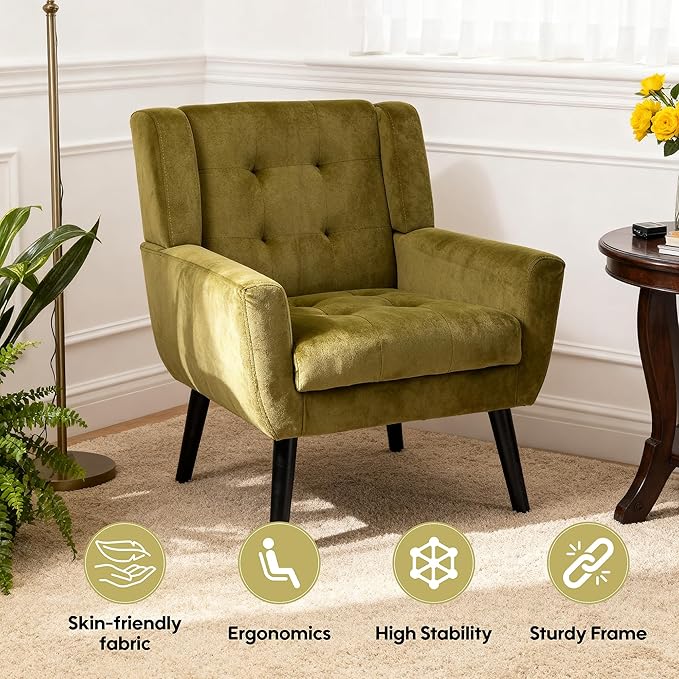 OO BY ORANGE ONLINE Set of 2 Velvet Accent Chair, Mid-Century Modern Tufted Armchair for Living Room, Bedroom & Office (Olive Green)