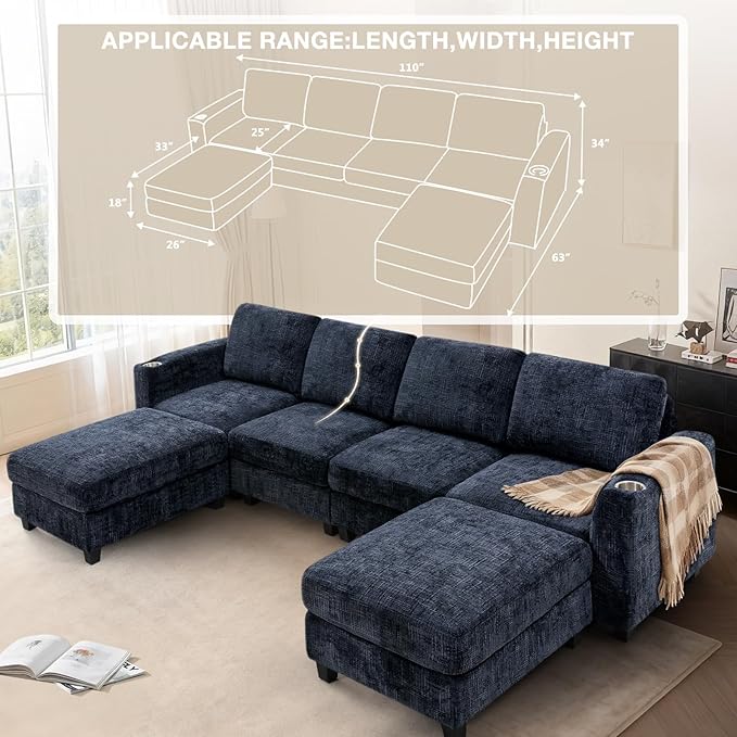 Lesofair 110" Chenille Sectional Sofa with Movable Ottomans, Modular U-Shape Couch with Cup Holders, Convertible 4 Seater Sofa with Well-Filled Backrest Cushions for Living Room, House, Blue