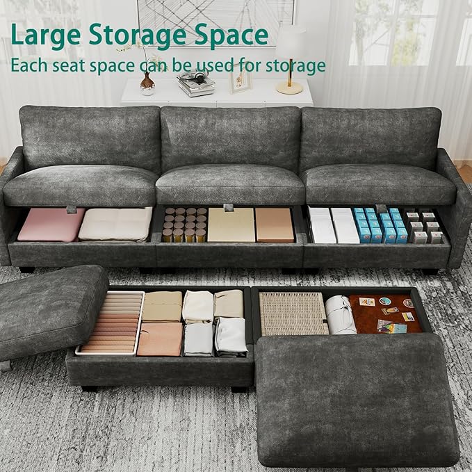 Modular Sectional U Shaped Sofa Couches for Living Room, Cloud Couch with Storage Ottoman, Comfy Chenille Sofa with Pillow, Dark Gray