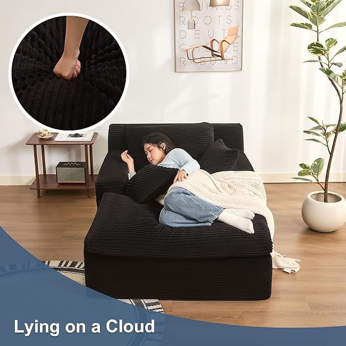 63" Oversized Boneless Chaise Lounge Chair, Extra Cloud Layer, Convertible Sleeper Sofa Couch with Removable Pillows & Side Pockets, Corduroy Upholstered Sofa Bed with Armrests for Living Room, Black