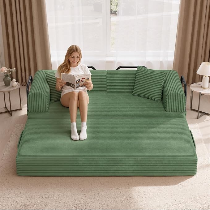 Convertible Coarser Corduroy Sleeper Sofa Bed with Cylindrical Pillow, Folding Mattress Couch with Fixed-Shape Frame, Floor Sofa Lounge Couch for Living Room Bedroom Lounge Studio, Green
