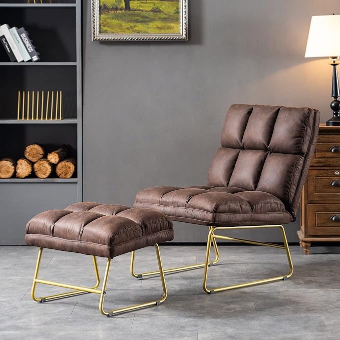 MCombo Accent Chair with Ottoman Set, Modern Armless Chair for Living Room, Bedroom, Small Space 4013 (Heat-Stamped Fabric, Dark Brown)