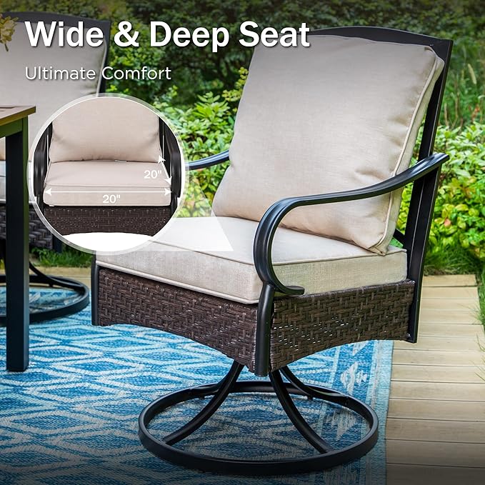 PHI VILLA 7-Piece Outdoor Dining Set, Heavy Duty Patio Table and Chairs Set with Umbrella Hole for 6, 64" Rectangular Patio Metal Table & Iron Wicker Dining Chairs with Cushions, 2 Swivel