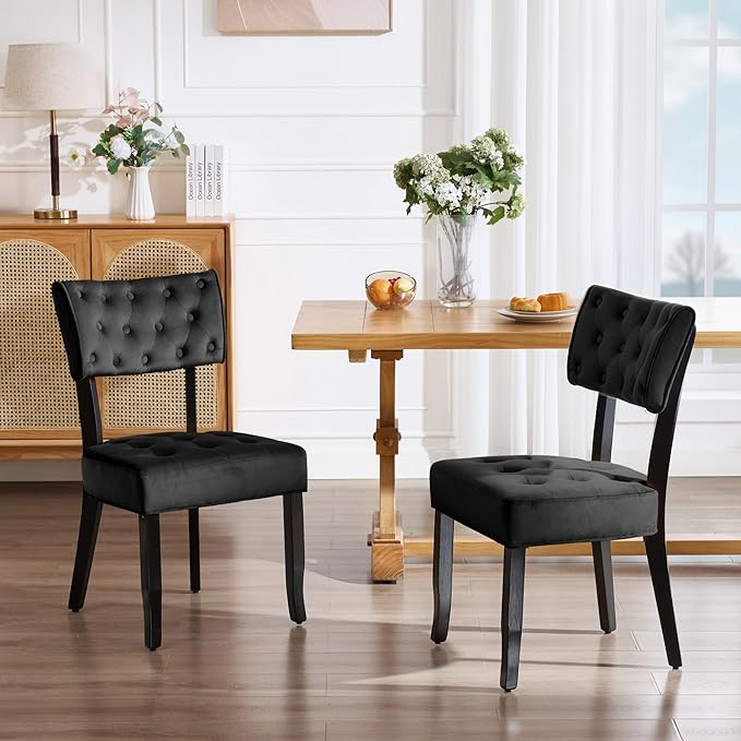 UVV Upholstered Dining Chairs Set of 6, Mid Century Modern Tufted Kitchen Chairs Dining Room Chairs, Velvet Dinner Chair with Wood Legs for Dining Room Kitchen, Black-Black Legs