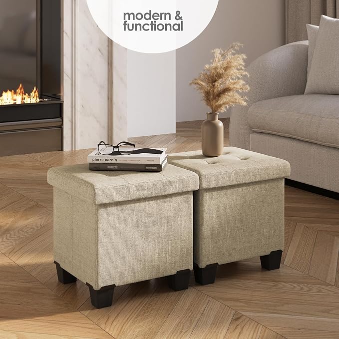 Storage Ottoman Cube with Small Bin, 16-in Square Ottoman with Storage for Living Room and Bedroom, Small Ottomans Foot Rest, Fabric Foot Stools Ottomans Max 330lbs, Beige