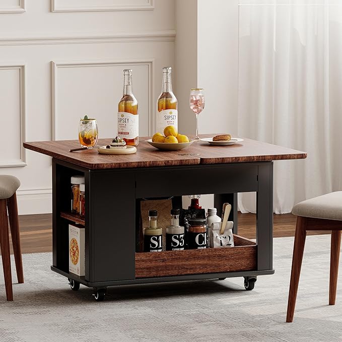 27.6" Modern Multi-Function Coffee Table with Foldable Top & Casters,Side Table with Multi-Tier Storage,Black & Walnut