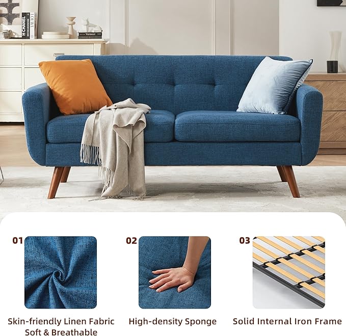 Tbfit 65" W Loveseat Sofa, Mid Century Modern Decor Love Seat Sofas and Couches for Living Room, Button Tufted Upholstered Small Couch for Bedroom, Solid and Easy to Install Love Seats Furniture, Blue | linen fabric, button tufted, solid wood foot, poc...