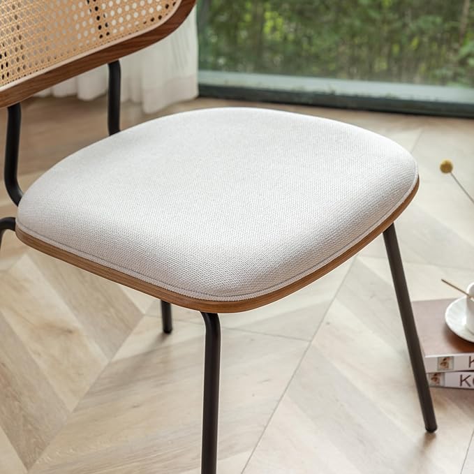 HOCEWI Rattan Dining Chairs Set of 2, Mid Century Modern Dining Chairs with Cane Back for Kitchen Dining Room, 19 Inch Fabric Beige
