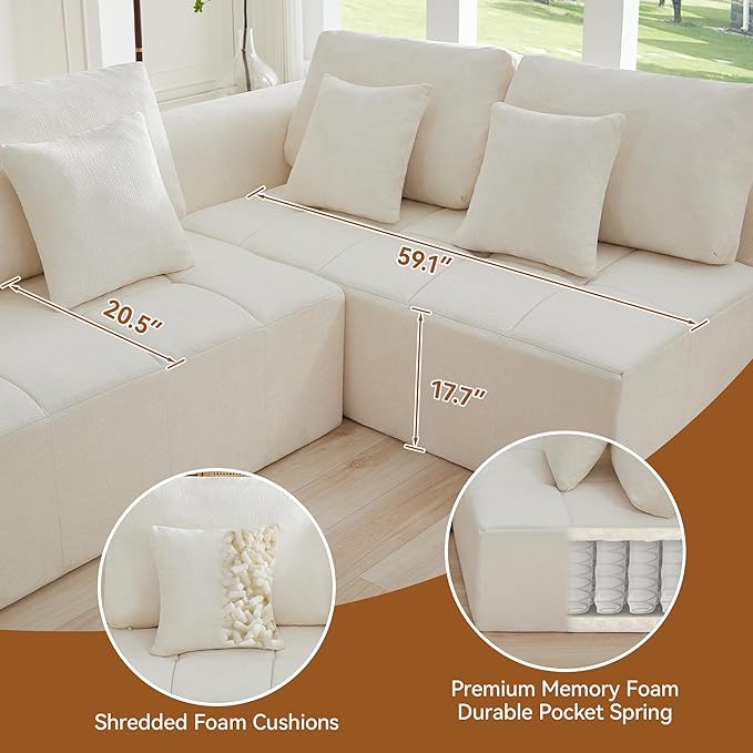140'' Boneless Modular Couches for Living Room, Compressed Cloud Sectional Modern Sofa, L Shaped 6 Seater Upholstered Memory Foam Oversized Sofa, No Assembly, Chenille Beige