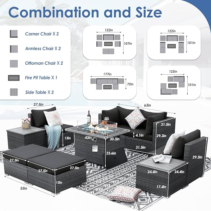RADIATA 9 Piece Wicker Patio Furniture Set with Fire Pit, All-Weather Outdoor Sectional Couch High Back Large Size, Modular Backyard Seating Sofa Set with Propane/Natural Gas Firepit Table, Grey&Black