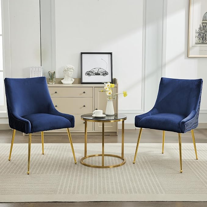 WUTUTUEE Velvet Dining Chairs Set of 6 Gold Legs,Upholstered Velvet Accent Chairs, Pleated Back Design & Gold Pull Handle, Mid Century Modern Chairs for Dining/Kitchen/Living Room,Blue