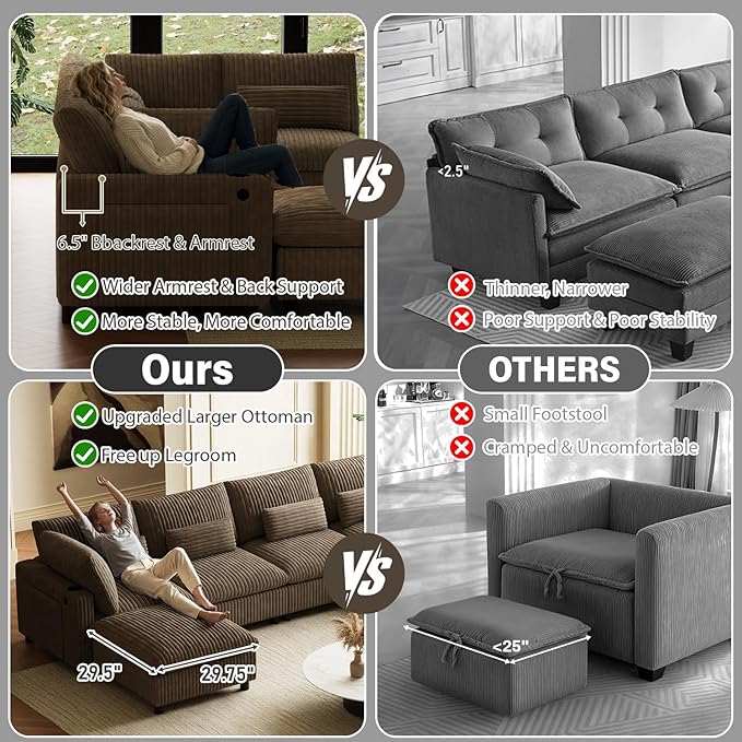 130" W x 67" D U Shape Sectional Sofa with USB Charging & Cup Holder & Storage, 6 Seater Plush Corduroy Couches with Movable Ottoman, Cloud Couch Sofas for Living Room, DIY Combination - Camel