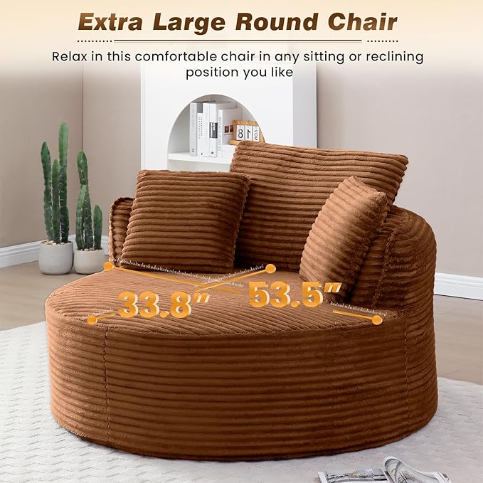 53"W Oversized Round Chaise Longue Chair Indoor,Corduroy Fluffy Comfy Cloud Chair,Circle Bean Bag Sofa with Foam Filling & Pillows,Boneless Reading Cozy Sofa Chairs for Living Room,Bedroom,Orange