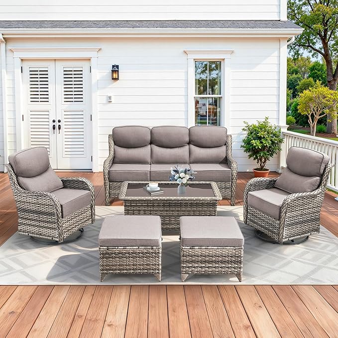 Pugire Luxury High Back Patio Furniture Set with 6-Inch Thick Cushions, 6-Pieces Outdoor Furniture with Swivel Chairs, Wicker Conversation Set for Porch, Balcony, Deck and Yard, Grey