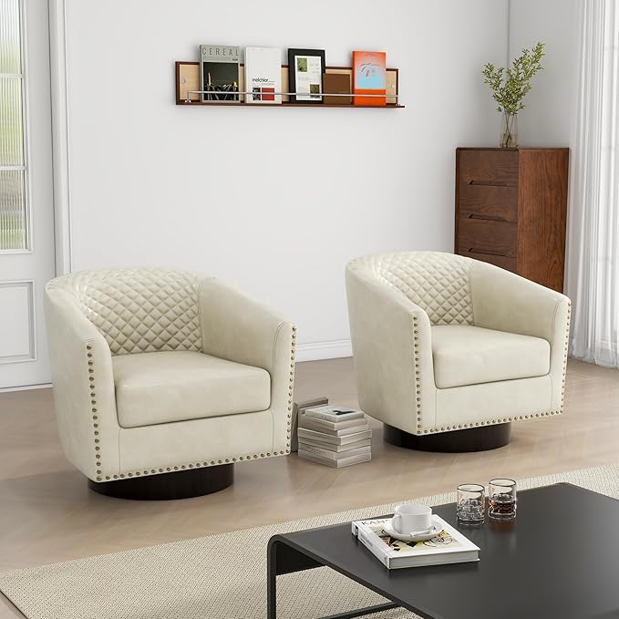 DREAMSIDEA Swivel Barrel Accent Chair, Comfy Modern Upholstered Round Faux Leather Arm Chair for Living Room, Bedroom - Beige, Set of 2