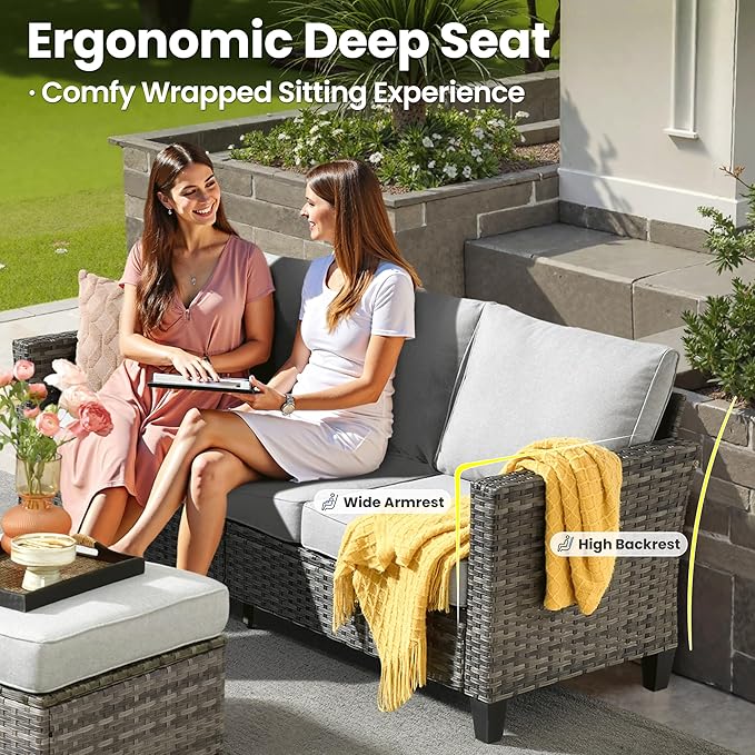 ovios 5 Pieces Patio Furniture Set, Outdoor Wicker Sofa Couch with Rocking Swivel Chairs Solar Lights Table, Modern Deep Seat Rattan Conversation Sets for Deck Porch, Grey