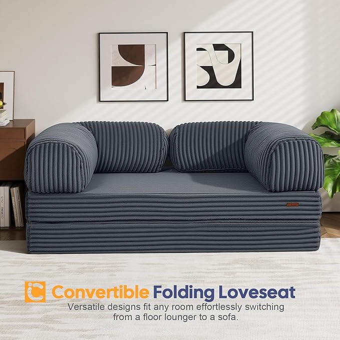 COMAX Futon Sofa Bed, 4-in-1 Floor Foldable Sofa Couch Bed Queen with L-Shaped Armrests, Convertible Folding Chair Bed Sleeper Mattress Fold Out Comfy Lounge for Living Room Bedroom, Faux Fur Ash Gray