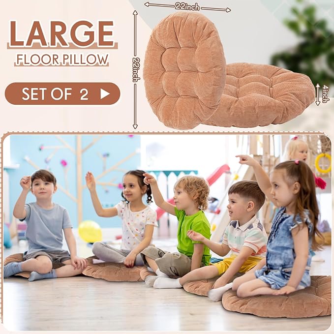 Jerify Floor Pillow Cushions 22 x 22 Inch Round Square Large Meditation Floor Pillow for Classroom Adult Meditation Picnic Party Cushion for Seating Gift Christmas(Round,Light Brown,2 Pcs)
