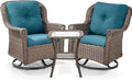 ACTREST 3 Piece Patio Swivel Chairs and Side Table Set - High Back Outdoor Brown Wicker Rattan Rocking Glider with Thick Cushions for Porch Apartment Deck Yard Poolside Garden - Peacock Blue