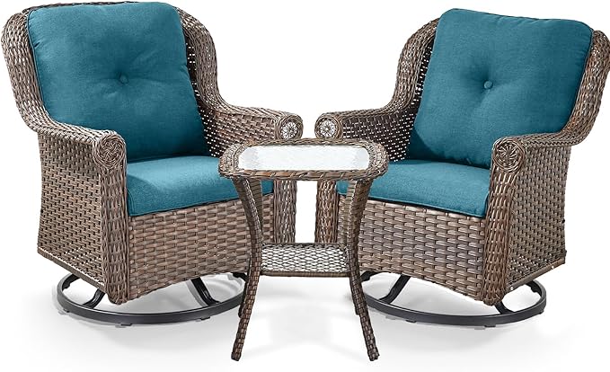 ACTREST 3 Piece Patio Swivel Chairs and Side Table Set - High Back Outdoor Brown Wicker Rattan Rocking Glider with Thick Cushions for Porch Apartment Deck Yard Poolside Garden - Peacock Blue