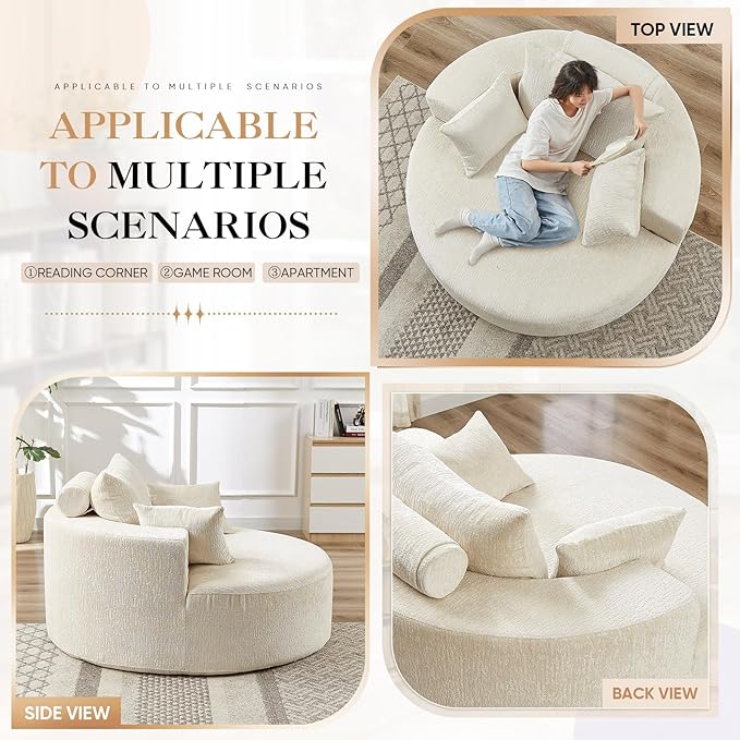 JEEOHEY Modern Round Accent Sofa Chair for Living Room, Upholstered Chenille Barrel Lounge Arm Chair with Large seat&Throw Pillows for Bedroom, Office, Apartment, Beige