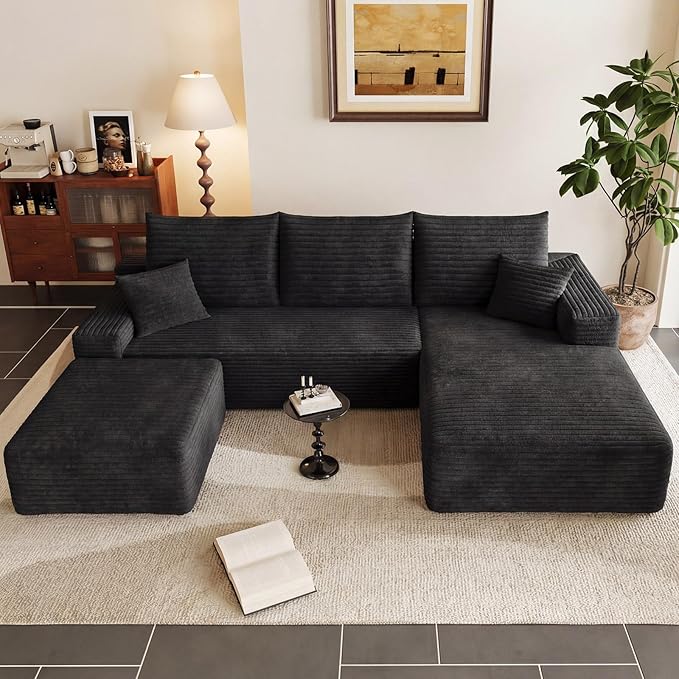 95" Cloud Sectional Couch with Ottoman,Modern U-Shaped Cloud Couch with Deep Seat,Comfy Corduroy 3-Seater Sofa,Memory Foam Sofa for Living Room,No Assembly (Black,Right-Facing Chaise)