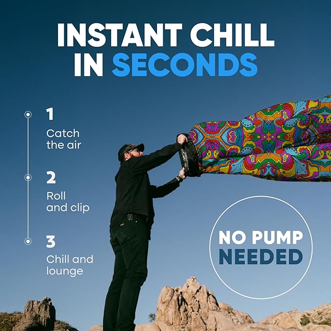 Chillbo Shwaggins Inflatable Couch – No-Pump Setup, Ripstop Polyester, Stability Pegs, Fun Prints, Portable Air Lounger for Beach, Camping, Festivals, and Tailgating - 60s Psychedelic